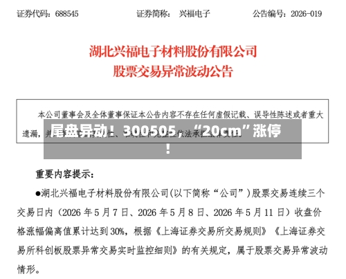 尾盘异动！300505，“20cm	”涨停！-第2张图片